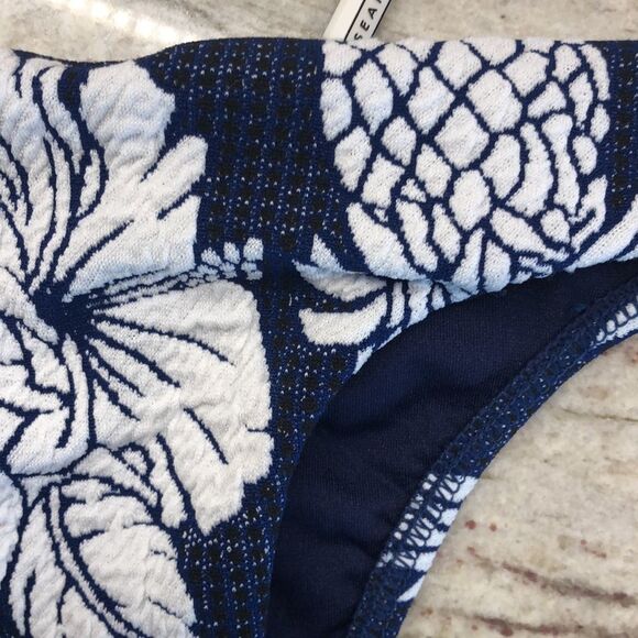 Seafolly Brazilian Loop Side Tie Swim Bikini Bottom Floral/Pineapple Navy/White - Picture 4 of 9